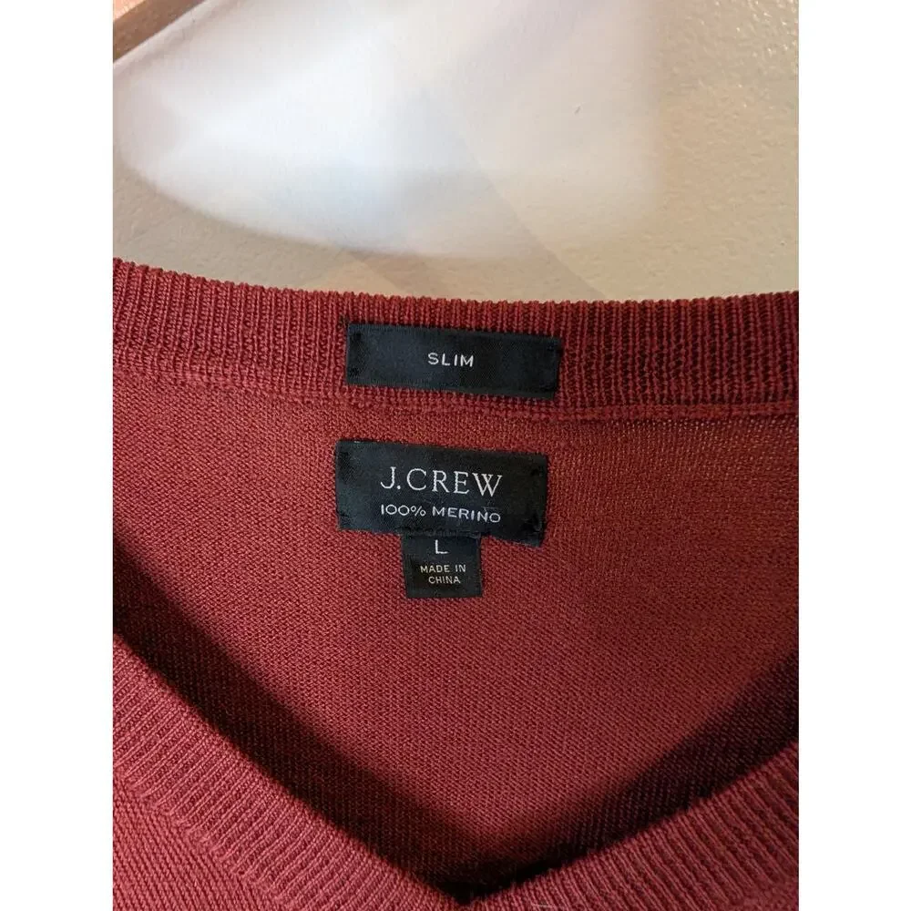 J.Crew 100% Merino Wool V-Neck Sweater Burgundy Slim Fit Mens Size L